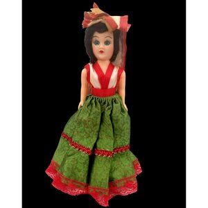 Vintage Sleepy Eye Souvenir Doll Red Green Folk Dress Ribbon Headdress 7.5 Inch